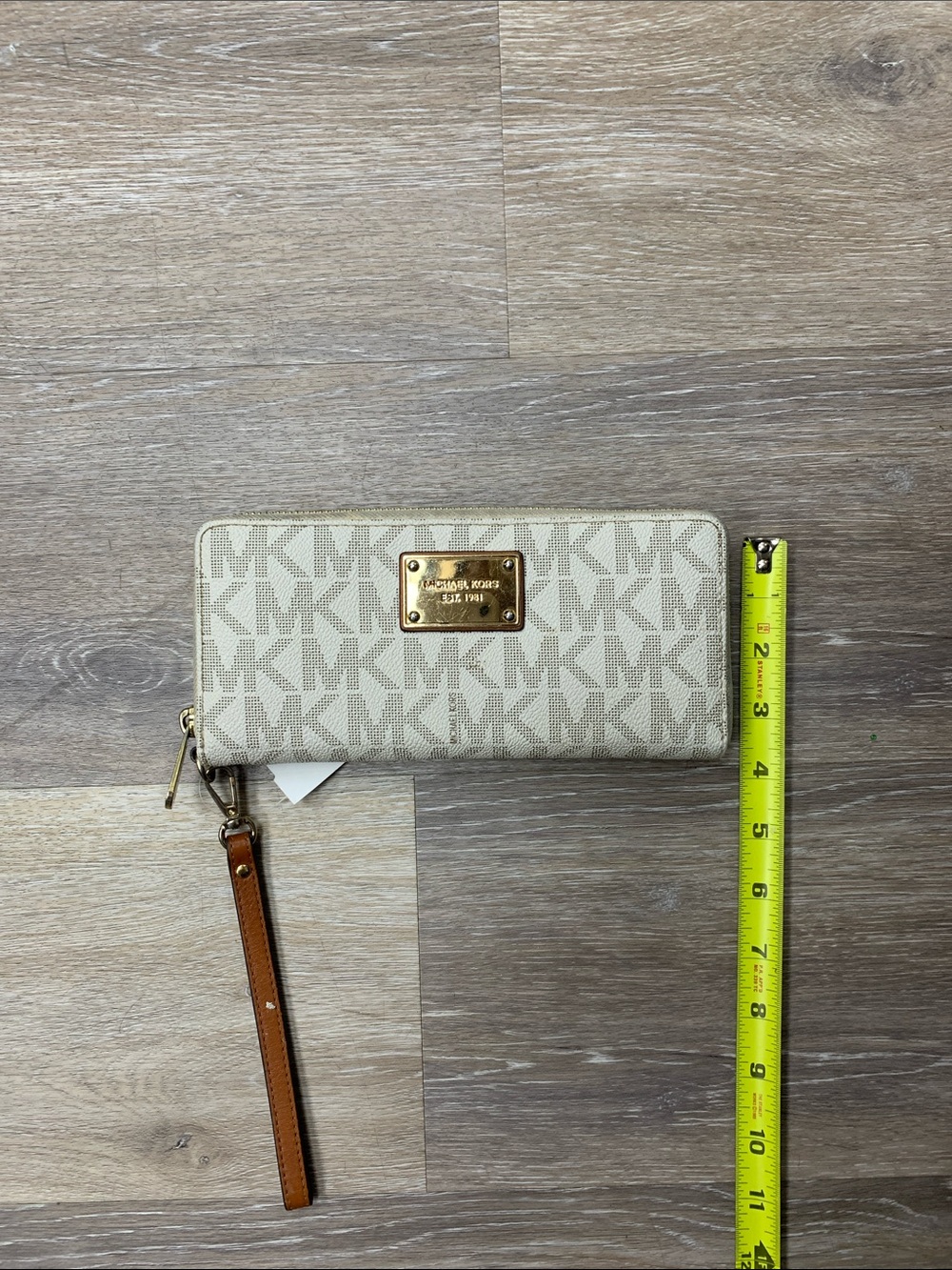 Michael Kors Beige Signature MK Zip-Around Wristlet with Brown Strap